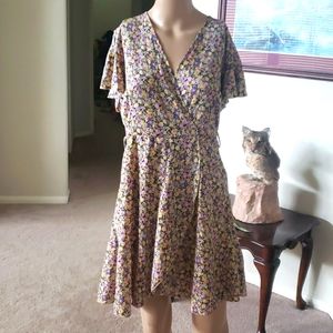 Shein L feminine flirty flowy flutter sleeve floral faux wrap mini dress